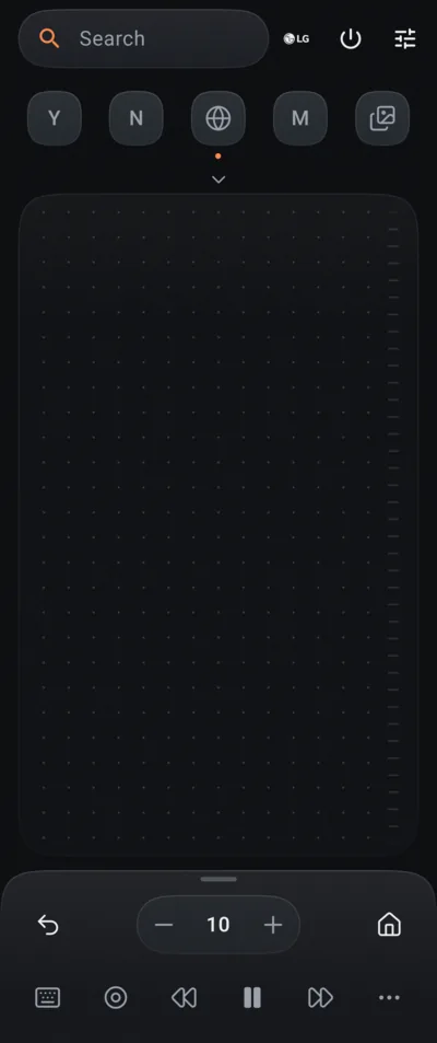 The remote: search, app shortcuts, a touchpad, volume and playback keys